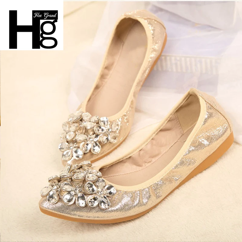 

HEE GRAND Bling Crystal Flower Women's Casual Flats Slip On Gold Woman Comfortable Shoes Flat With Plus Size 35-43 XWD6722