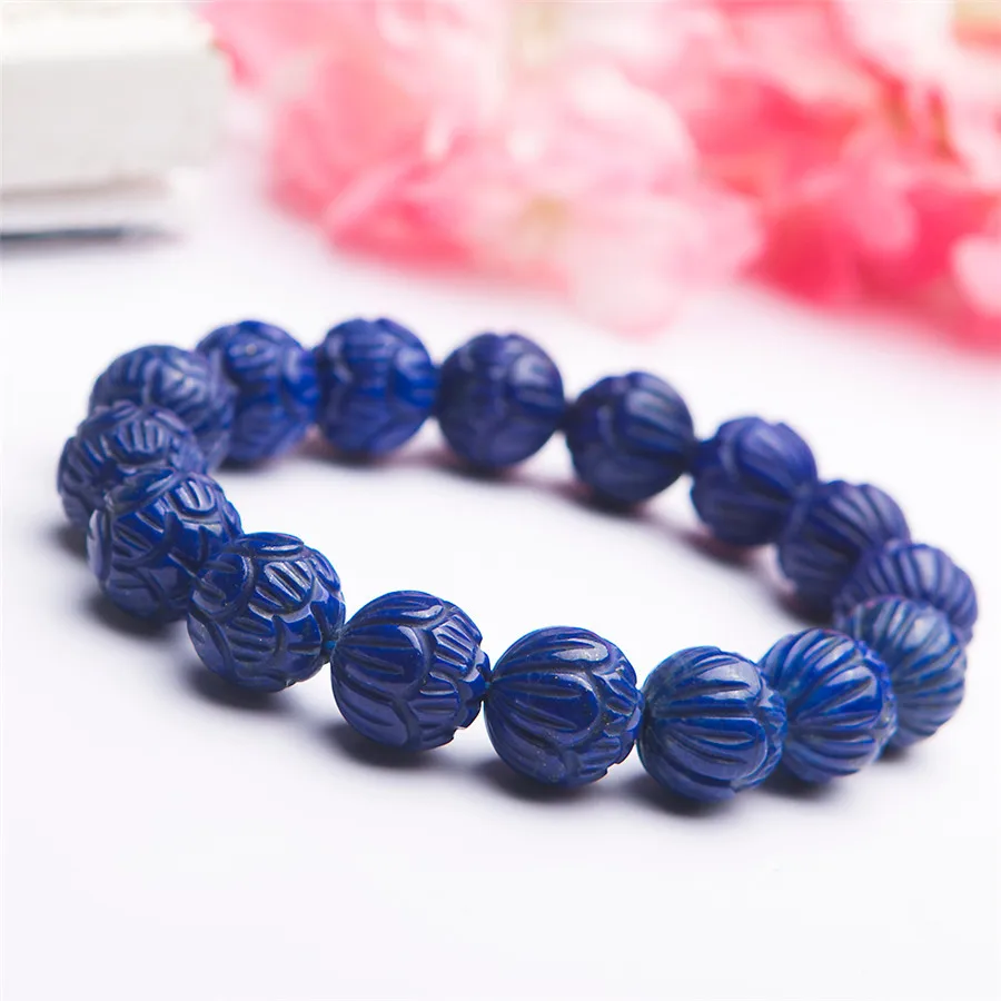 

14mm 100% Genuine Natural Royal Blue Lapis Lazuli Gemstone Crystal Stretch Craved Round Bead Bracelet Grade AAAAA Drop Shipping