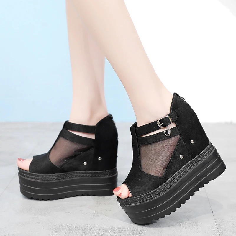

Lucyever 2019 Summer Women Sandals Wedge High Heels Platform Thick Bottom Sandals Sexy Mesh Peep Toe Ladies Shoes Black White