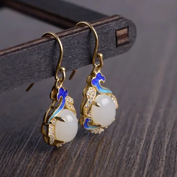

S925 silver female fashion national wind burned blue Mosaic marble xiangyun earrings women's jewelry