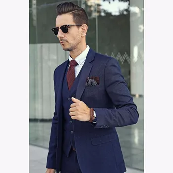 

2018 formal Navy Blue men wedding suits Slim Fit Skinny Tuxedo 3 Pieces Mens Suit Tailor Fashion Groom Blazer smoking Masculino