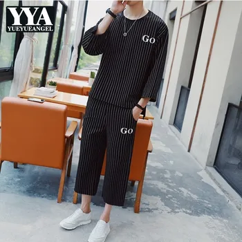 

Drawstring Tracksuit Men 2 Piece Conjunto Masculino Casual Stripe Pattern Printed Loose Summer Sweatshirt Men Two Piece Set 2019