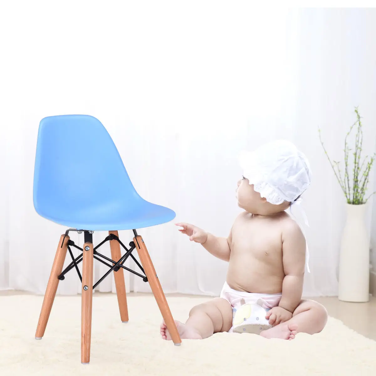 Giantex Modern Kids Dining Side Armless Chair Blue Molded Plastic Seat Wood Legs Children Chairs Home Furniture HW56499NY