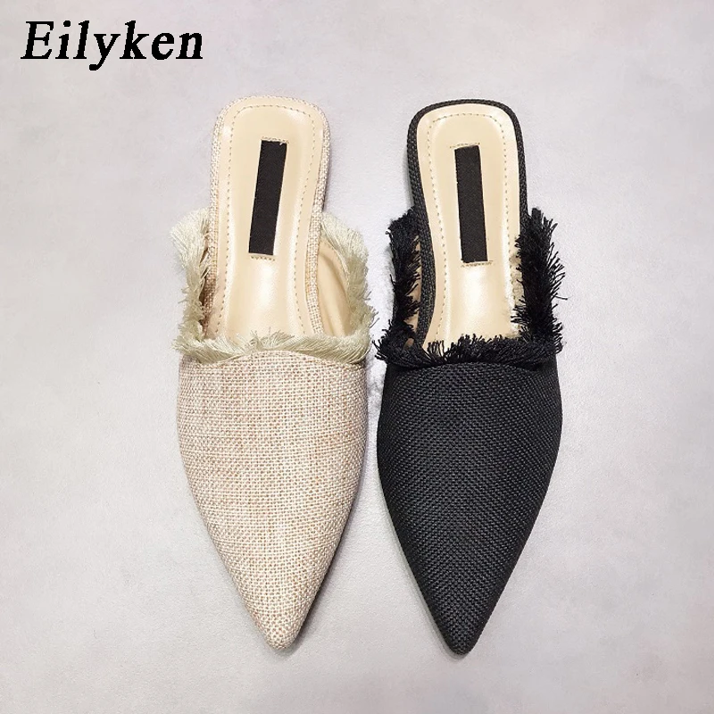 

Eilyken Spring Autumn Fashion Women Slippers Hemp Pointed Toe Flat Tassel Mules Shoes Woman 2019 New Summer Flat Slippers Shoes