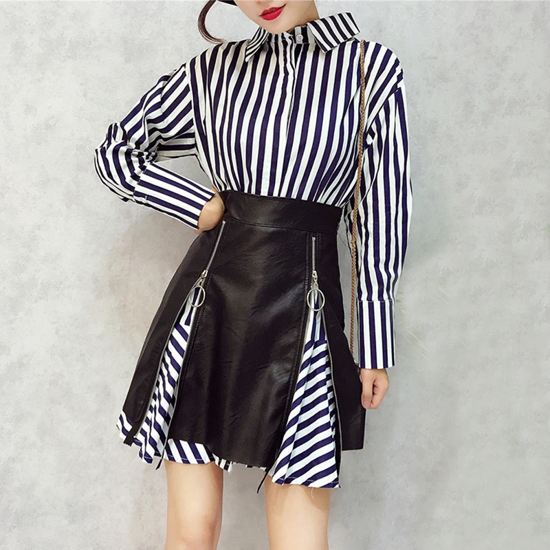 

High Street Shirt Dress two pieces dress set Turn-down Collar Long Sleeve Ruffles striped Dress +zipper PU dress women Clothes