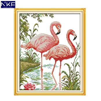 

NKF Two Flamingos Pattern Handmade Craft Needlework Chinese Cross Stitch Embroidery Kit Print Cross Stitch for Home Decor