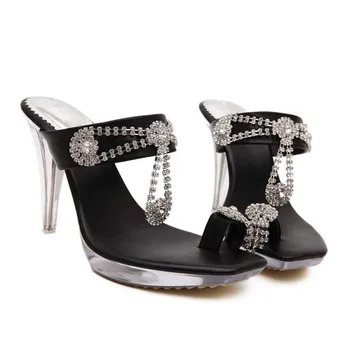 

New Fashion Square Toe High Heels Slippers Summer Women Sandals Rhinestones Tassel Platform Flip Flops Beach Shoes Size 25-62