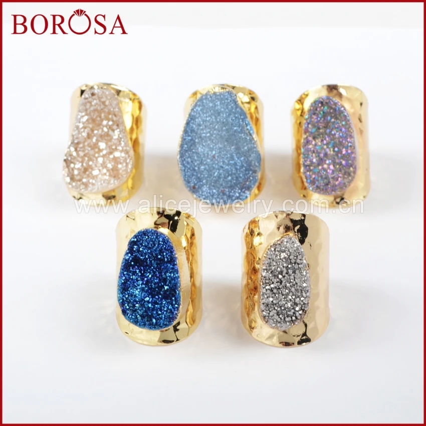 BOROSA Горячая и новая Drusy кольца, золото цвет Овальный натуральный Агаты Титан Радужная Друза кольцо драгоценные камни для женщин ювелирные изделия G0890