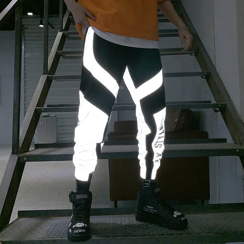 Online Riinr 2019 nuevo verano para hombres y mujeres pantalones de chándal Flash reflectantes Joggers Hip Hop Dance Show Party Night Jogger pantalones holgados