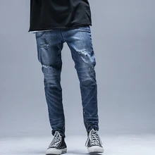 Новинка, рваные джинсы, брюки высокого качества, мужские уличные синие джинсы, свободные, хип-хоп, фитнес-брюки-карандаш, юбка, брюки