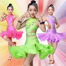 Детское платье для латинских танцев с блестками для девочек, бальные костюмы с бахромой, современные детские бальные костюмы с кисточками для девочек, сальса Румба