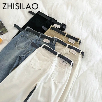 

Straight Jeans Women Solid Vintage Jeans Sashes Casual High Waist Jeans Plus Size Mom Boyfriends Jeans 2019 Denim Pants White