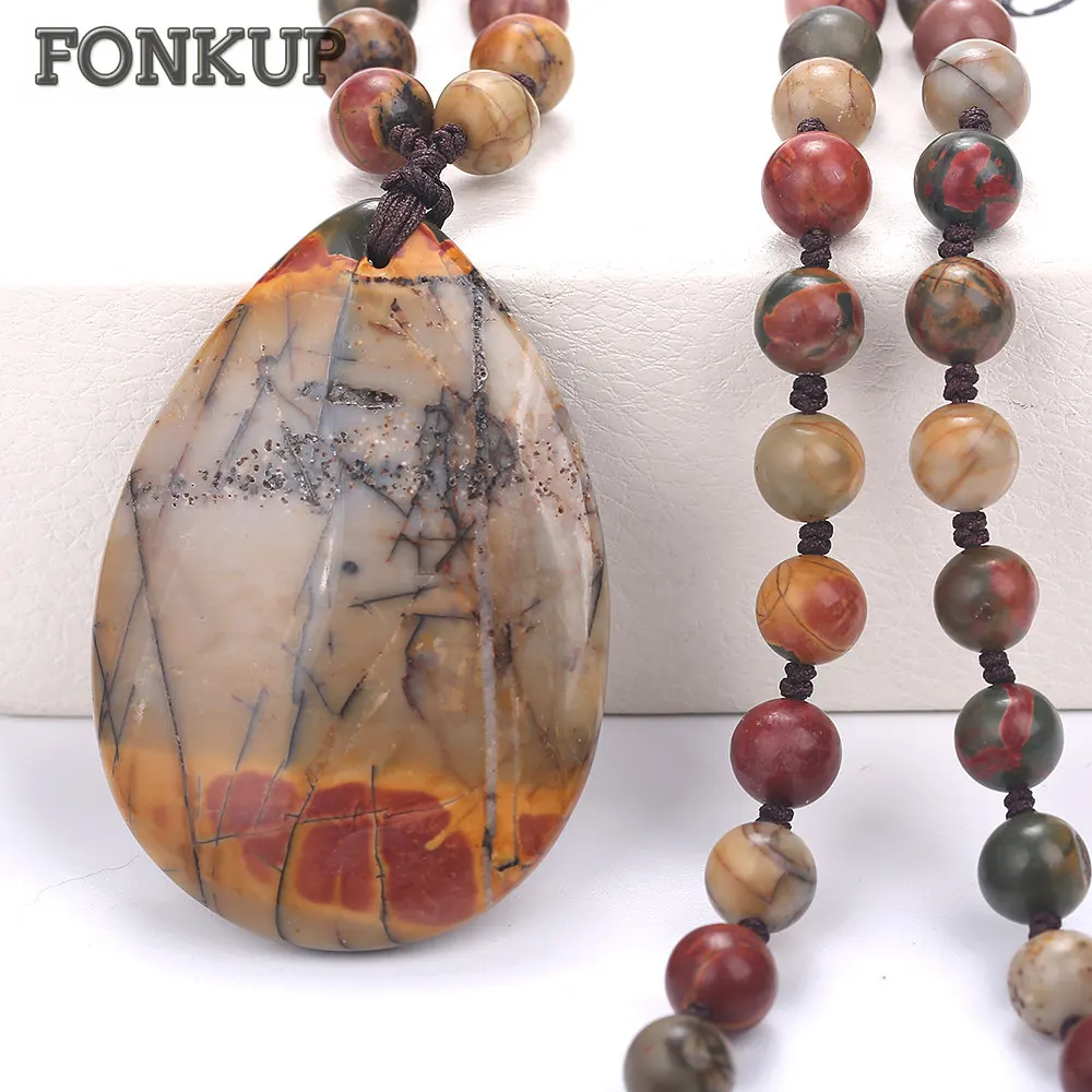 

Fonkup Epidote Necklace Statement Men Long Pendant Power Gemstone Jewelry Ethnic Women Sautoir Bead Chain Leaf Anniversary Rope