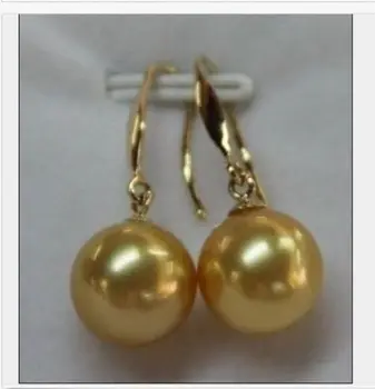 

hj 00603 10-11mm natural round south sea gold pearl dangle earrings 14KG