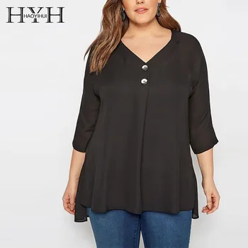 

HYH Haoyihui Vintage Grace Women Blouse 2019 New Fashion Elegant V-Neck Black Button Chiffon Blouse Young Girl Button Shirt