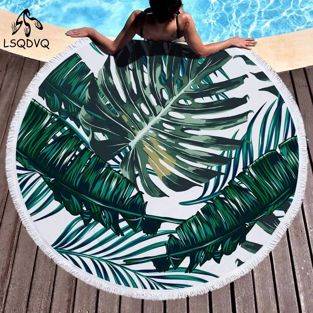 

Tropical Summer Green Plant Palm Monstera Banana Leaf Bath Towels for Adults Round Beach Towel with Tassels Beach Cover