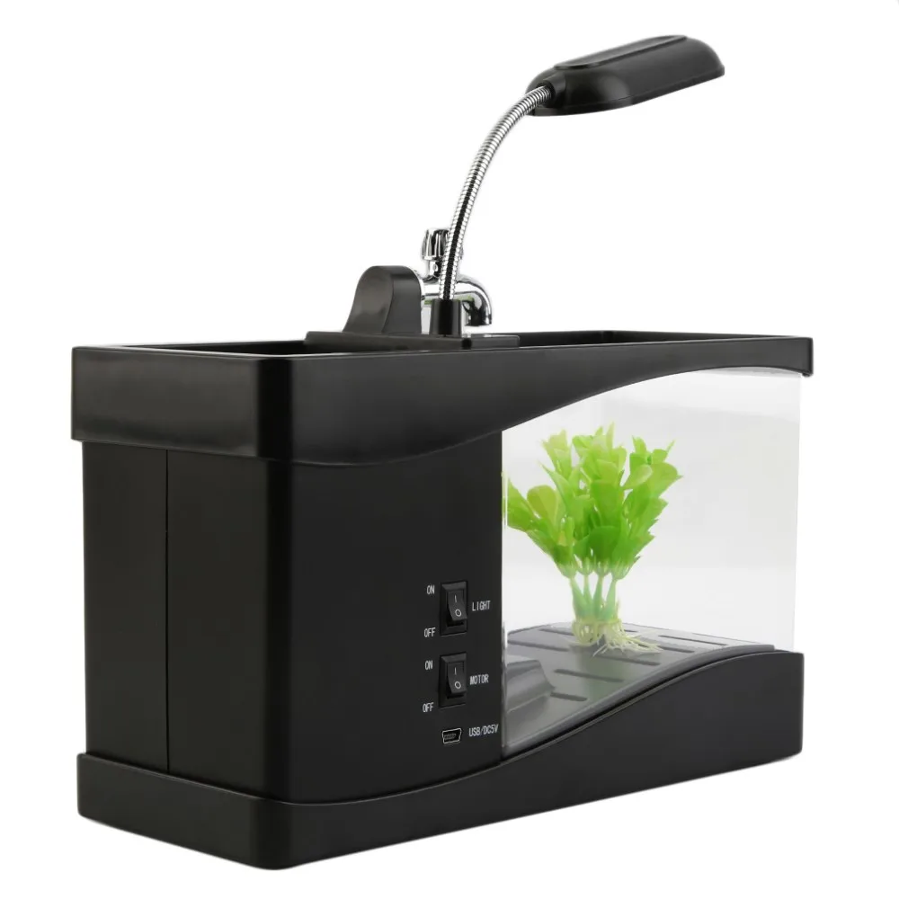 1.5L USB Desktop Mini Fish Tank Aquarium LCD Timer Alarm Clock LED Lamp Light Black recirculation Temperature Calendar