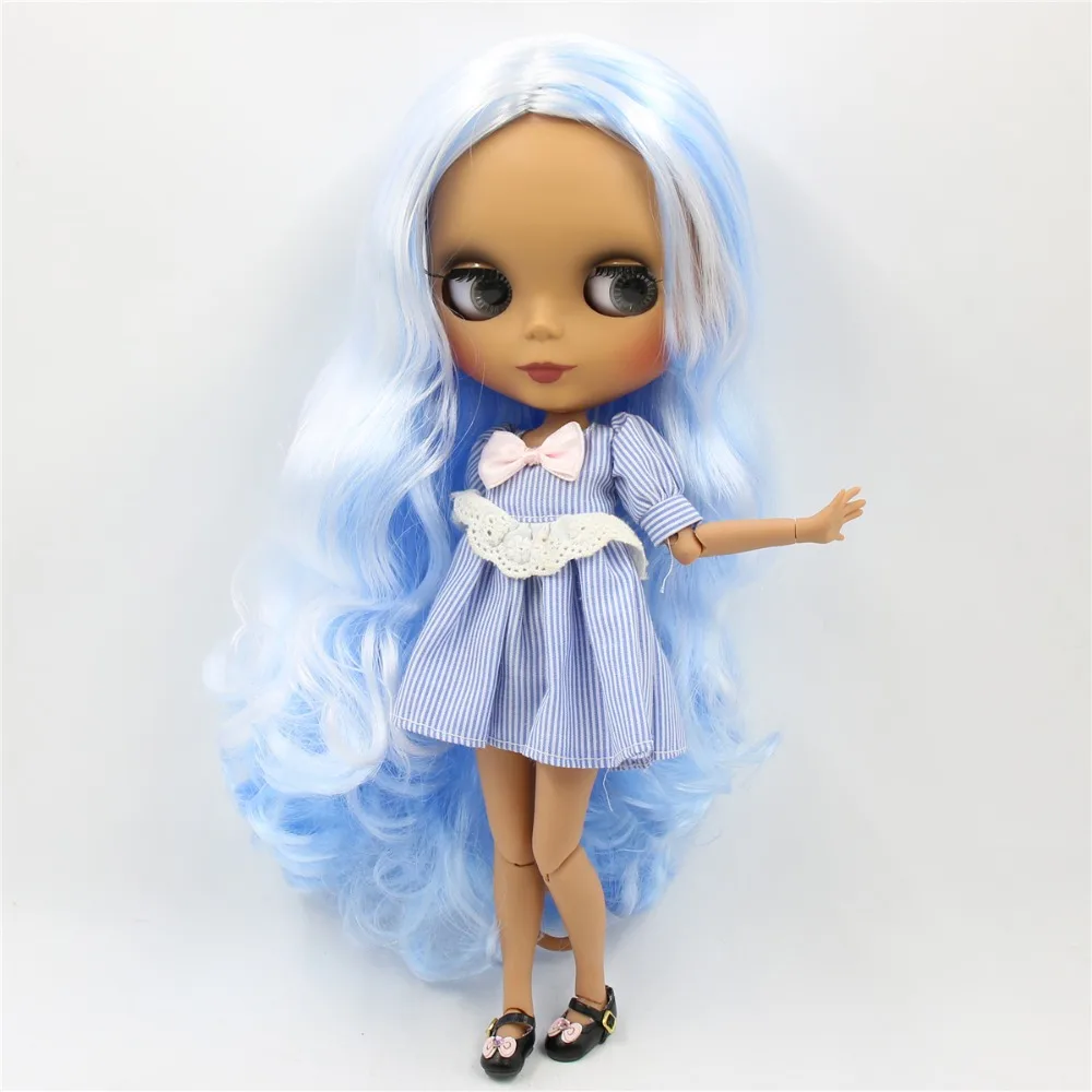 icy factory blyth doll 1/6 bjd joint body dark skin matte face white and blue wavy hair BL6005/136 30cm