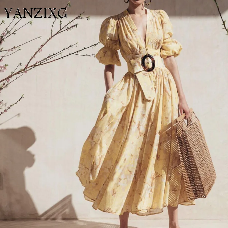 

2019 New Summer Fashion Women Puff Sleeves V-neck Hollow Out Big Bottoms High Waist Lace Dresses French Styles R129