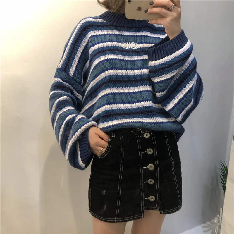 Comprar Suéteres de mujeres señora Kawaii lindo College estilo suéter holgado a rayas Vintage mujer Harajuku Ulzzang jersey para las mujeres Casual