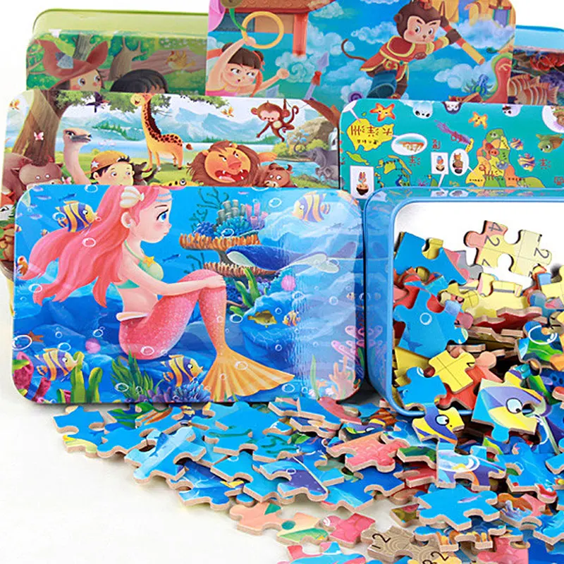 Toys for children 100Pcs cartoon puzzle iron box wooden toys puzzles