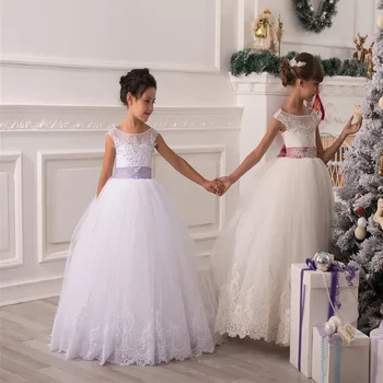 

custom made lace bow sleeveless girl ball gown dress
