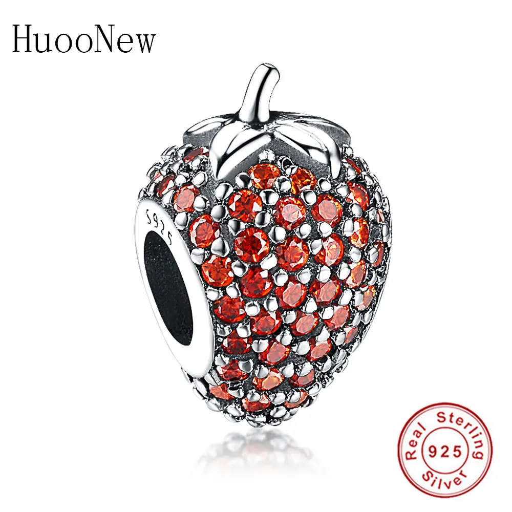 

HuooNew Fit Original Pandora Charms Bracelets 925 Sterling Silver Fruit Strawberry Zirconia Crystal Stone Beads Making Berloque