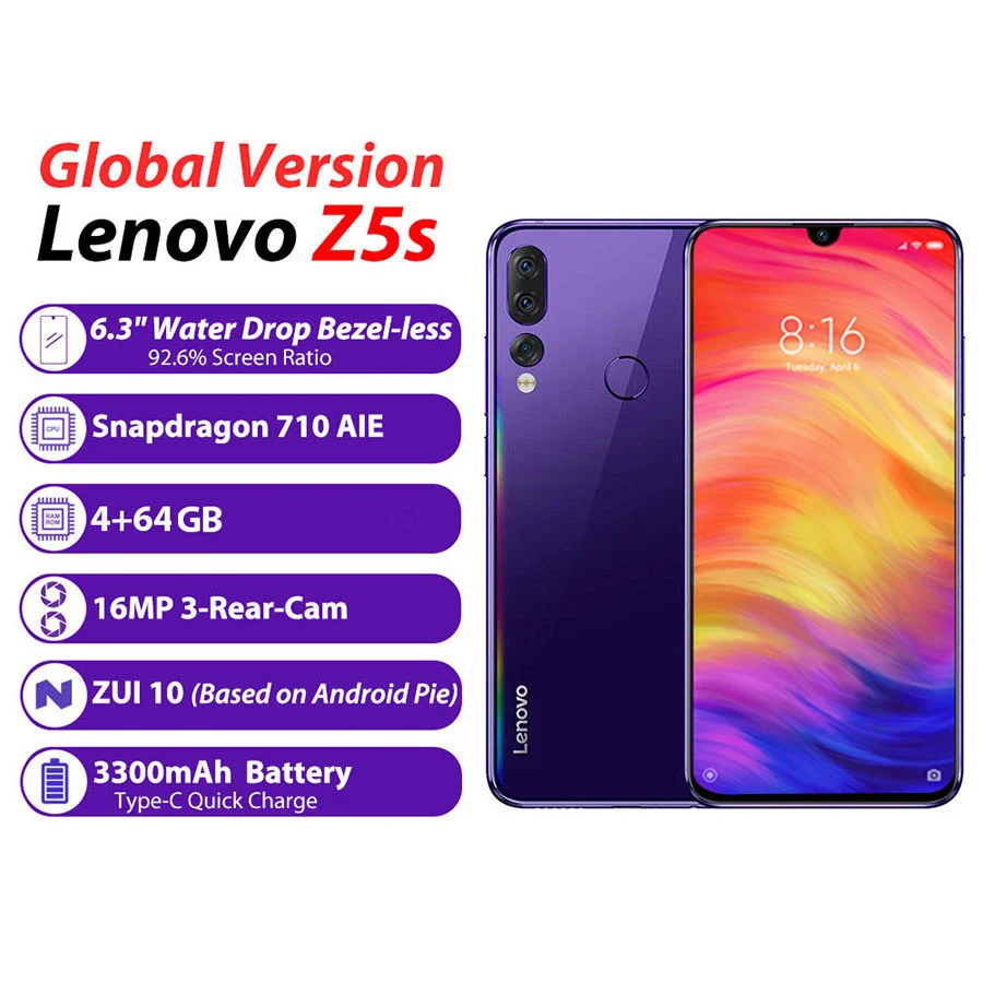 Мобильный телефон lenovo Z5s с функцией распознавания лица и Нотч экраном 6 3 дюйма