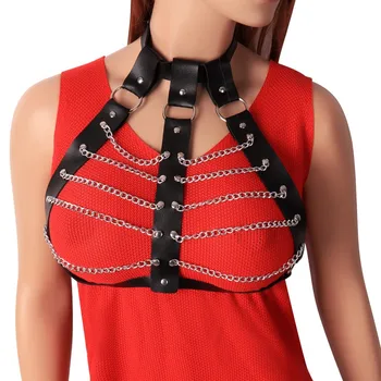 

Black Llingerie Leather Harness Women Top Cage Sexy Hollow Out Metal Chain Punk Gothic Adjust Plus Size Carnivals Rave Clothing
