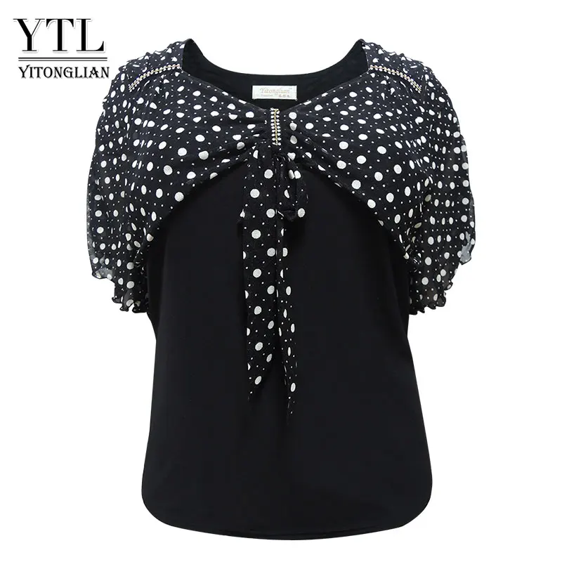YTL женские летние топы плюс Размеры блузка Винтаж 50 s в горошек со стразами и бантом, с рукавом летучая мышь, с v-образным вырезом горловины, с длинным рукавом Повседневная рубашка футболки 8XL H060 - Цвет: Black