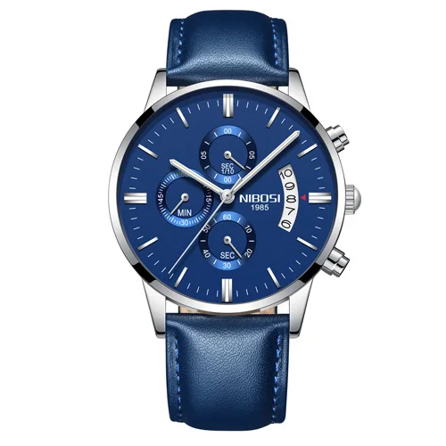 NIBOSI часы мужские Relogio Masculino Для мужчин часы Роскошные известный бренд Мужская мода повседневные платья часы военные Кварцевые наручные часы Saat - Цвет: Silver Blue Leather