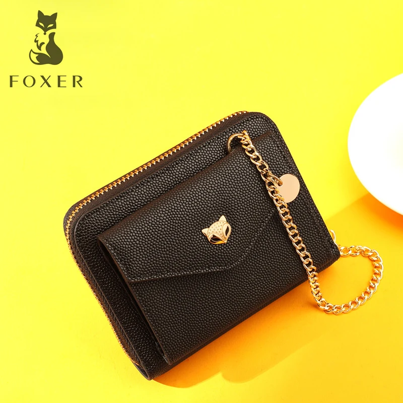 

FOXER Women's Cowhide Leather Fashion Short Wallet Card Holder Luxury Coin Purse For Women Female Standard Short Wallets