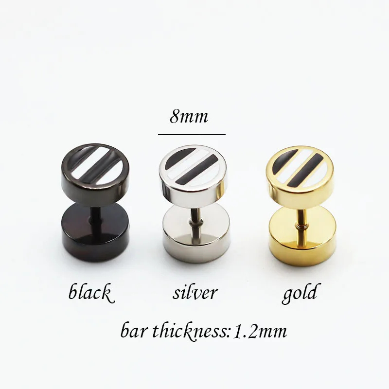 1Pair Fashion Men's Ear Studs Earrings Surgical Titanium Steel Round Strips Oil Drip Barbell Ear Plugs Silver Gold Black Punk 2