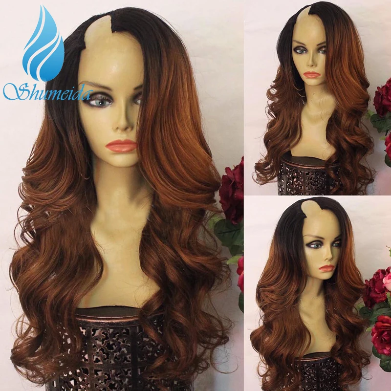 

SHD U Part Wig Side Part 2x4 Inch Opening U Part Indian Wig Ombre Brown Body Wave Wig with Middle Part Remy Human Hair Wigs