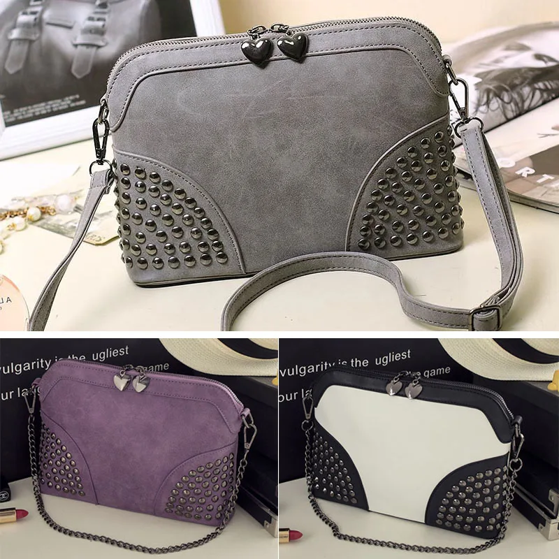 

2019 Vintage Women Rivet Shoulder Bag Scrub Shell Messenger PU Leather Crossbody Chain Strap Clutch Bag AB@W Women bag
