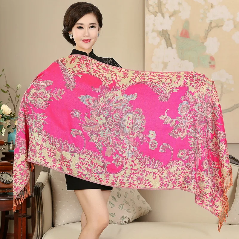 Роскошный брендовый женский шарф с принтом, китайский этнический стиль, цветочный узор, кисточка, зимний теплый и мягкий длинный шарф-одеяло