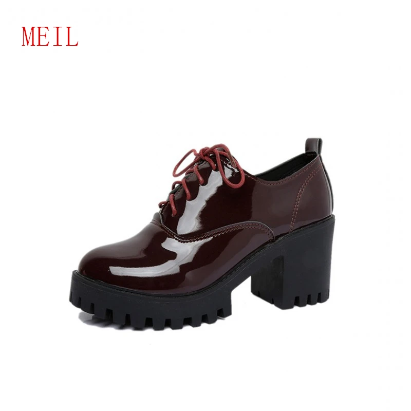 

2019 Red Black Patent Leather Woman Shoes Thick High Heel pumps Round Toe Platform PU lace up Casual Shoes Zapatos Mujer Lujo