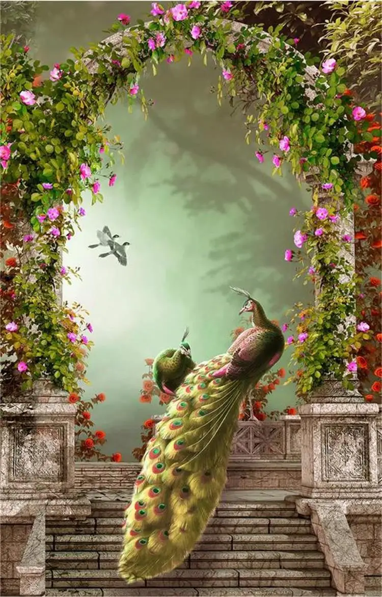 3d обои фотообои на заказ Настенные для гостиной крыльца зеленый лес павлин