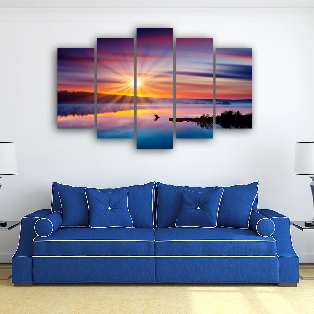 5pc canvas art watercolor painting sunshine with lake nature picture on