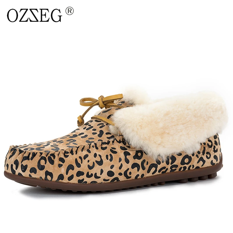 

Valentine Leopard Winter warm Female Genuine Leather Suede Lined Real Fur Australia Snow Boot Furry Moccasins Flat Shoe Women
