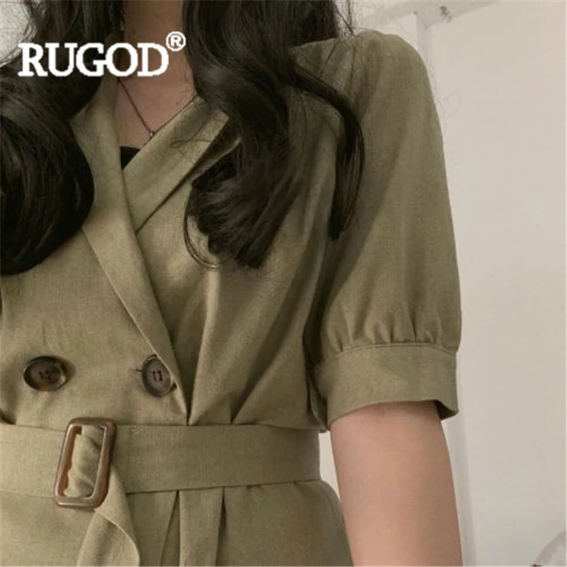 Женское винтажное платье RUGOD однотонное двубортное мини с рукавами фонариками и