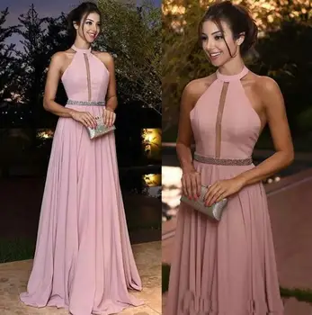 

Elegant Baby Pink A Line Evening Dresses Halter Sheer Bust Off the Shoulder Evening Gowns with Sash Long Chiffon Prom Dresses
