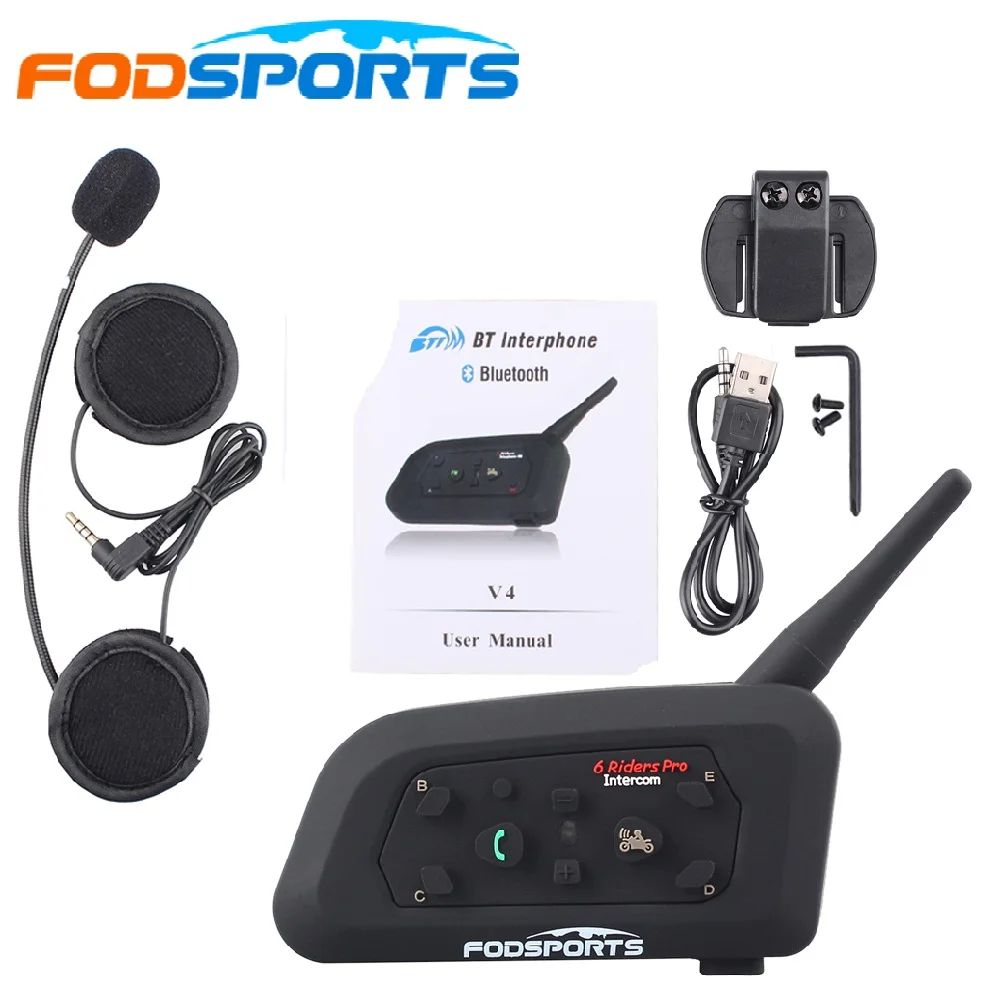 Fodsports V6 Pro Интерком мотоциклетный шлем гарнитура BT Interphone 1200M беспроводной Bluetooth Intercomunicador Moto