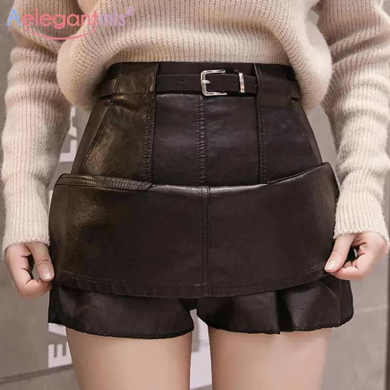 

Aelegantmis Sashes Women Skirt Leather with Pants Pockets Min Black Blue Beige Summer Spring Pu Leather Skirts Womens Fashion