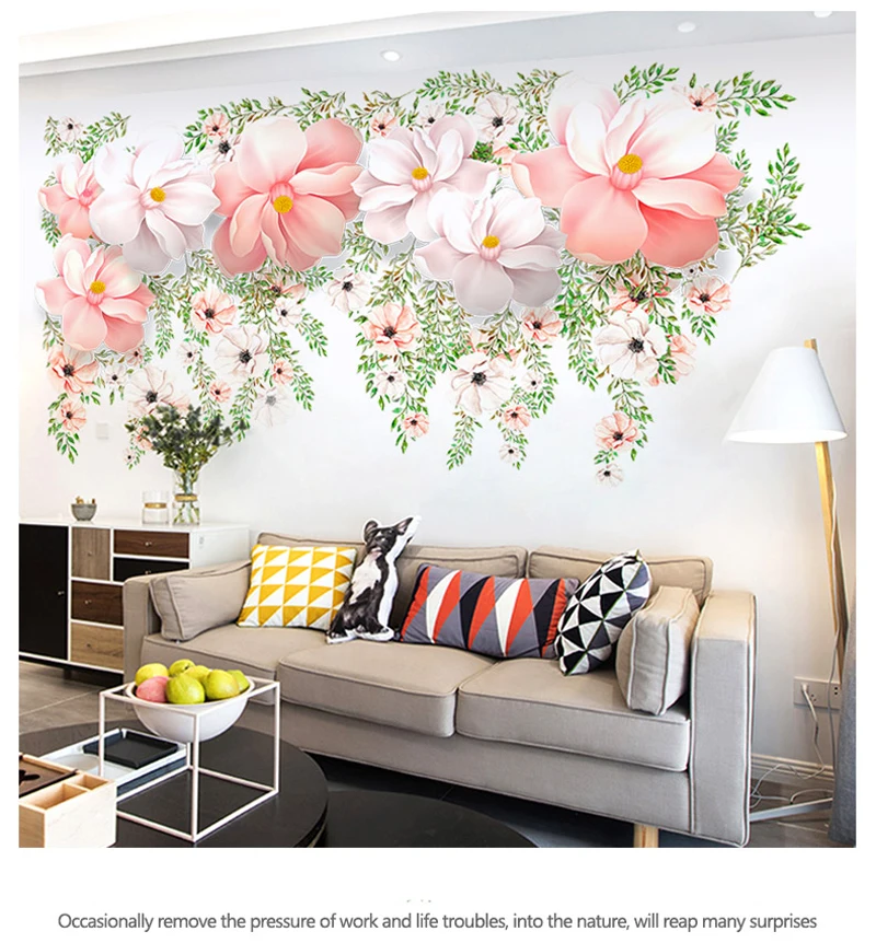 Романтические 3D розовые цветы большие наклейки на стену мебель гостиной ТВ украшение стены стикеры декоративные наклейки для дома искусство