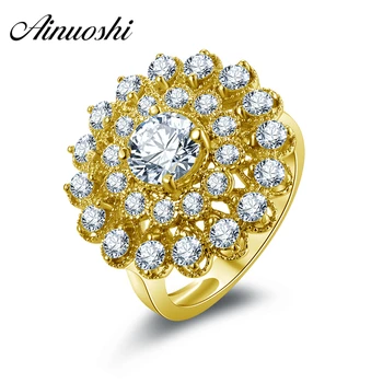 

AINUOSHI Real 14K Solid Gold Women Engagement Halo Ring Luxury Flower Shape Design Band Bijoux Double Big Sunflower Wedding Ring