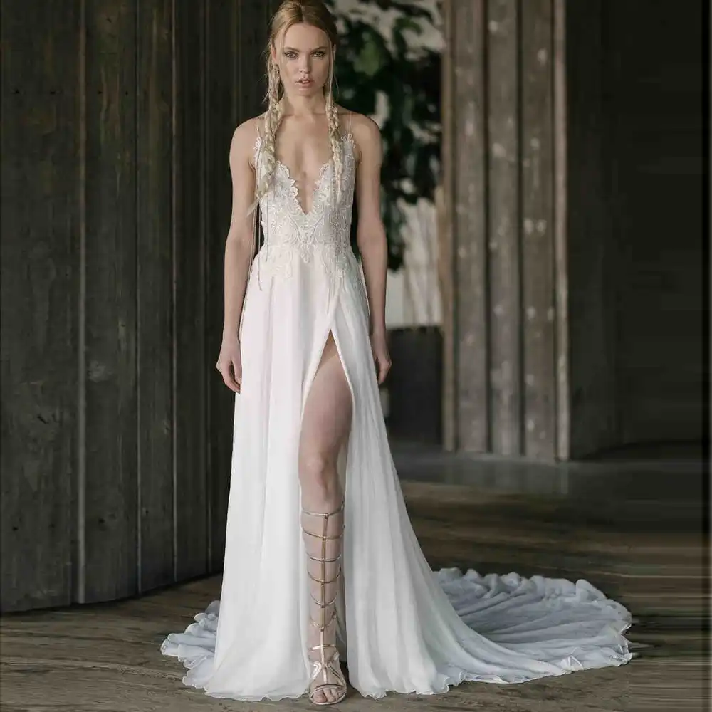 Charming Chiffon Lace Flowing A Line Leg Split Slit Bohemian