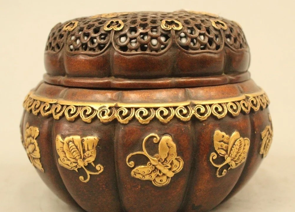 4&quot Chinese Purple Bronze 24K Gold Butterfly pumpkin Statue Incense Burner Censer | Дом и сад