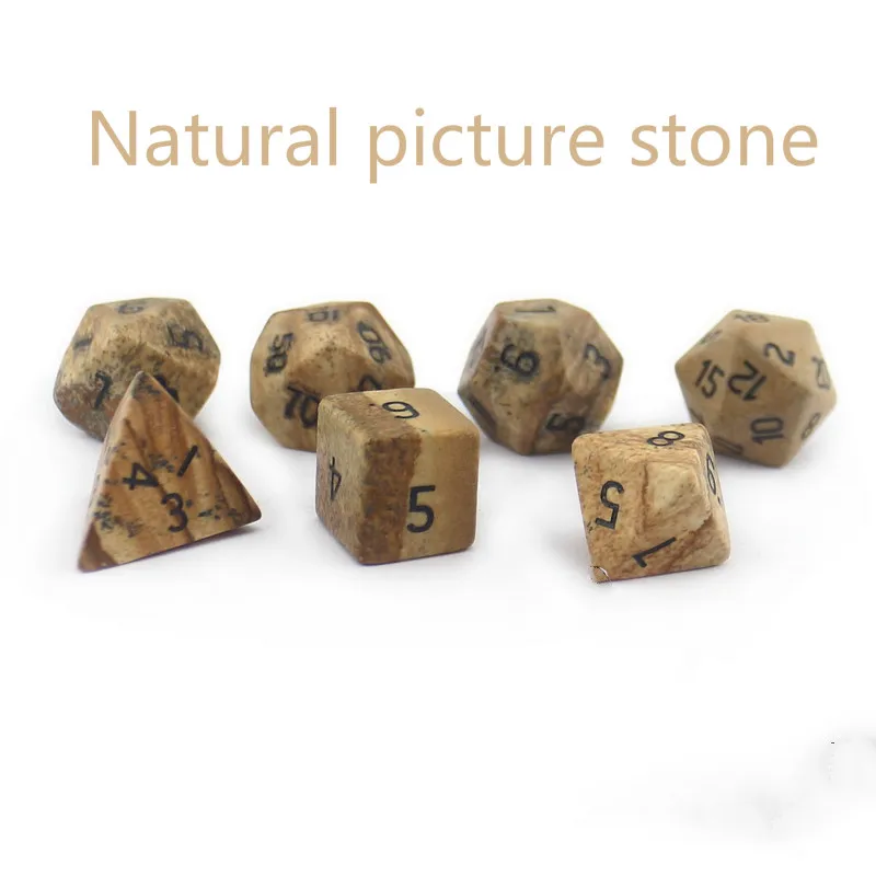 

New Foreign Trade Products Dragon and Dungeon D20 System Natural Picture Stone Multi-faceted Digital Dice 7 Sets