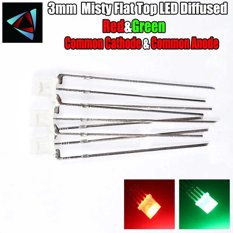 

50pcs LED 3mm Flat Top Diffused Green And Red Common Cathode Common Anode 3 Pin Round Bi-Color Through Hole Light-Emitting Diode